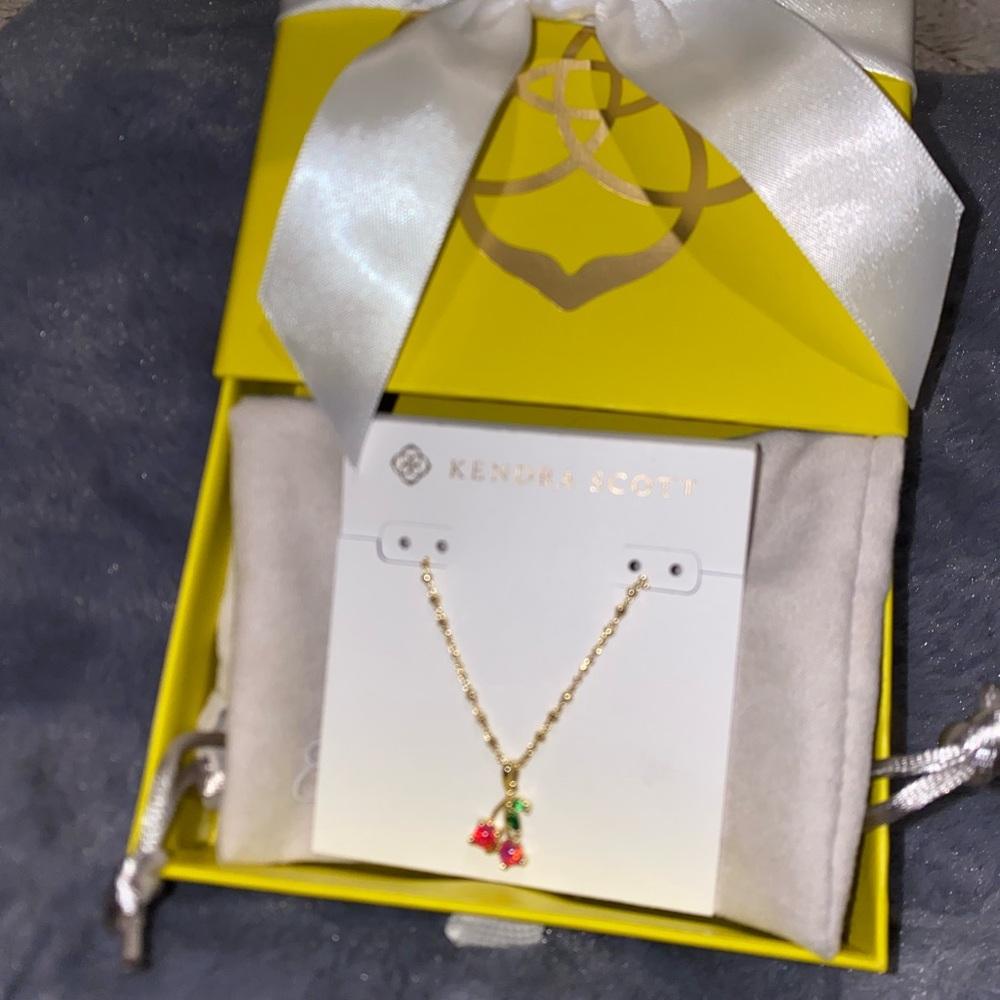 Kendra Scott Gold Necklace with Red and Green Cherry Pendant